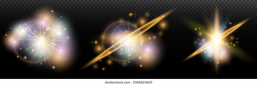 Set of flash light effect with glare and glow on a transparent background. Magic, rainbow glow, shining light, stars, optical flares for design, photomontage, New Year and holiday projects.