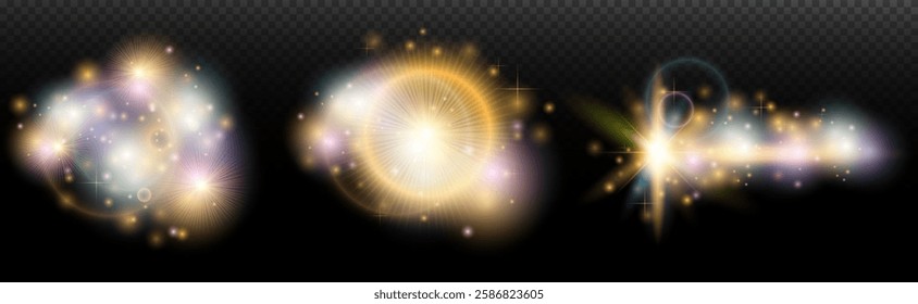 Set of flash light effect with glare and glow on a transparent background. Magic, rainbow glow, shining light, stars, optical flares for design, photomontage, New Year and holiday projects.