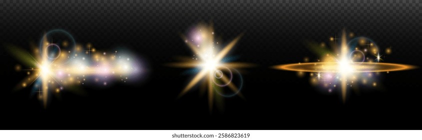 Set of flash light effect with glare and glow on a transparent background. Magic, rainbow glow, shining light, stars, optical flares for design, photomontage, New Year and holiday projects.