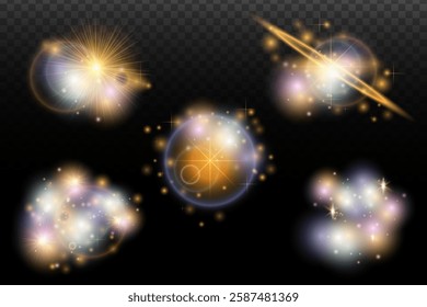 Set of flash light effect with glare and glow on a transparent background. Magic, rainbow glow, shining light, stars, optical flares for design, photomontage, New Year and holiday projects.