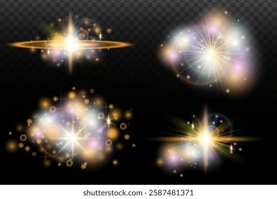 Set of flash light effect with glare and glow on a transparent background. Magic, rainbow glow, shining light, stars, optical flares for design, photomontage, New Year and holiday projects.