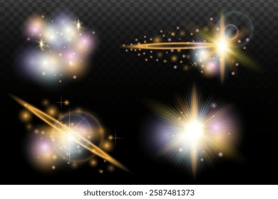 Set of flash light effect with glare and glow on a transparent background. Magic, rainbow glow, shining light, stars, optical flares for design, photomontage, New Year and holiday projects.