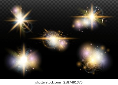 Set of flash light effect with glare and glow on a transparent background. Magic, rainbow glow, shining light, stars, optical flares for design, photomontage, New Year and holiday projects.