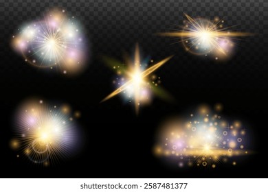 Set of flash light effect with glare and glow on a transparent background. Magic, rainbow glow, shining light, stars, optical flares for design, photomontage, New Year and holiday projects.