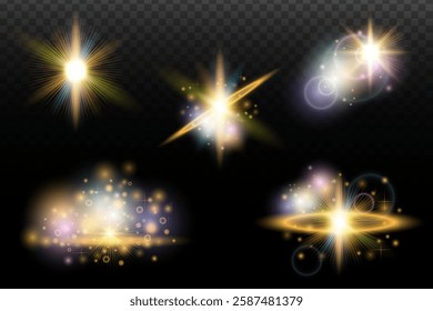 Set of flash light effect with glare and glow on a transparent background. Magic, rainbow glow, shining light, stars, optical flares for design, photomontage, New Year and holiday projects.