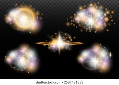 Set of flash light effect with glare and glow on a transparent background. Magic, rainbow glow, shining light, stars, optical flares for design, photomontage, New Year and holiday projects.