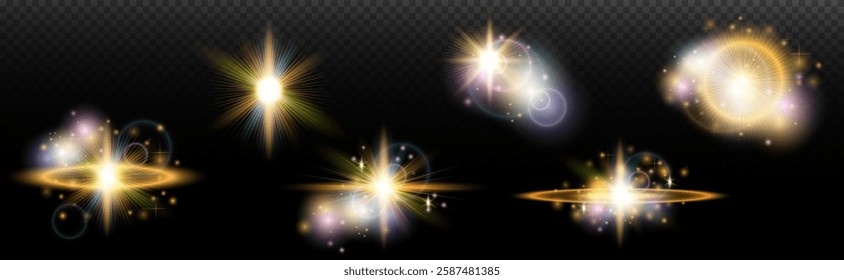 Set of flash light effect with glare and glow on a transparent background. Magic, rainbow glow, shining light, stars, optical flares for design, photomontage, New Year and holiday projects.