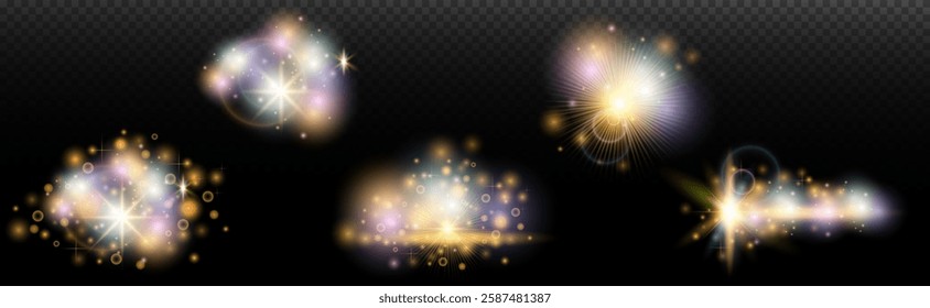 Set of flash light effect with glare and glow on a transparent background. Magic, rainbow glow, shining light, stars, optical flares for design, photomontage, New Year and holiday projects.