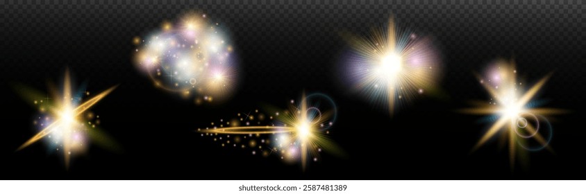 Set of flash light effect with glare and glow on a transparent background. Magic, rainbow glow, shining light, stars, optical flares for design, photomontage, New Year and holiday projects.