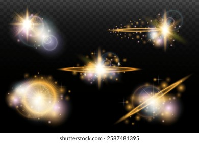 Set of flash light effect with glare and glow on a transparent background. Magic, rainbow glow, shining light, stars, optical flares for design, photomontage, New Year and holiday projects.