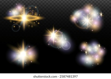 Set of flash light effect with glare and glow on a transparent background. Magic, rainbow glow, shining light, stars, optical flares for design, photomontage, New Year and holiday projects.