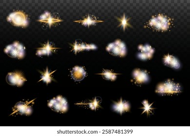 Set of flash light effect with glare and glow on a transparent background. Magic, rainbow glow, shining light, stars, optical flares for design, photomontage, New Year and holiday projects.