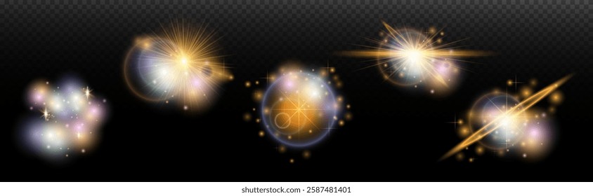 Set of flash light effect with glare and glow on a transparent background. Magic, rainbow glow, shining light, stars, optical flares for design, photomontage, New Year and holiday projects.