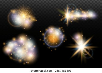 Set of flash light effect with glare and glow on a transparent background. Magic, rainbow glow, shining light, stars, optical flares for design, photomontage, New Year and holiday projects.