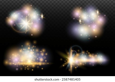 Set of flash light effect with glare and glow on a transparent background. Magic, rainbow glow, shining light, stars, optical flares for design, photomontage, New Year and holiday projects.