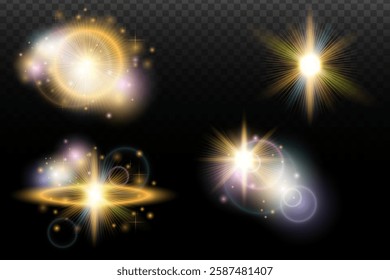 Set of flash light effect with glare and glow on a transparent background. Magic, rainbow glow, shining light, stars, optical flares for design, photomontage, New Year and holiday projects.