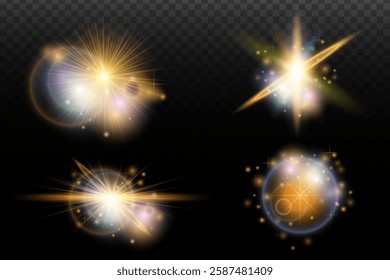 Set of flash light effect with glare and glow on a transparent background. Magic, rainbow glow, shining light, stars, optical flares for design, photomontage, New Year and holiday projects.