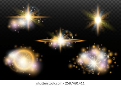 Set of flash light effect with glare and glow on a transparent background. Magic, rainbow glow, shining light, stars, optical flares for design, photomontage, New Year and holiday projects.