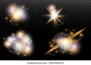 Set of flash light effect with glare and glow on a transparent background. Magic, rainbow glow, shining light, stars, optical flares for design, photomontage, New Year and holiday projects.