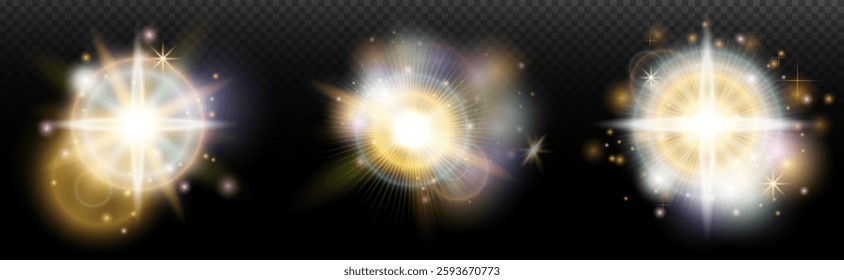 Set of flash light effect with glare and glow on a transparent background. Magic, rainbow glow, shining light, stars, optical flares for design, photomontage, New Year and holiday projects.