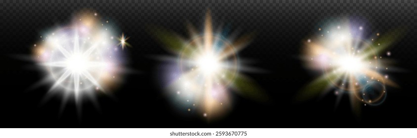 Set of flash light effect with glare and glow on a transparent background. Magic, rainbow glow, shining light, stars, optical flares for design, photomontage, New Year and holiday projects.