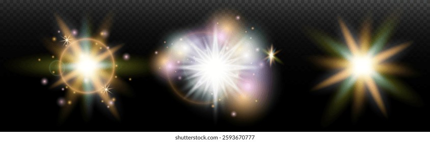 Set of flash light effect with glare and glow on a transparent background. Magic, rainbow glow, shining light, stars, optical flares for design, photomontage, New Year and holiday projects.