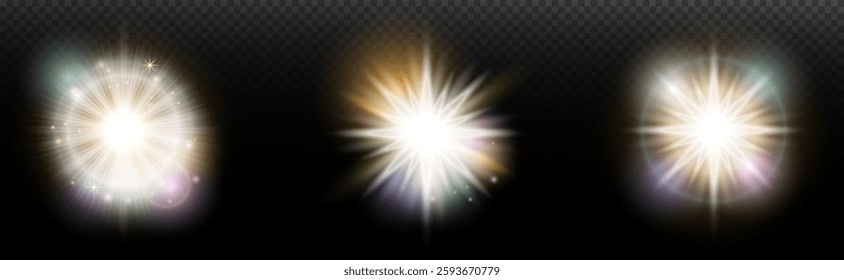 Set of flash light effect with glare and glow on a transparent background. Magic, rainbow glow, shining light, stars, optical flares for design, photomontage, New Year and holiday projects.