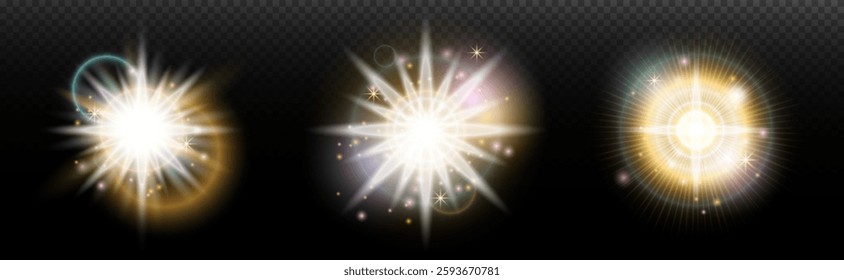 Set of flash light effect with glare and glow on a transparent background. Magic, rainbow glow, shining light, stars, optical flares for design, photomontage, New Year and holiday projects.