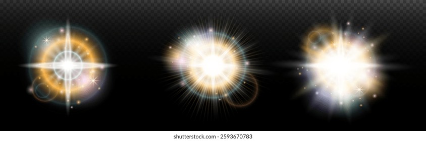 Set of flash light effect with glare and glow on a transparent background. Magic, rainbow glow, shining light, stars, optical flares for design, photomontage, New Year and holiday projects.