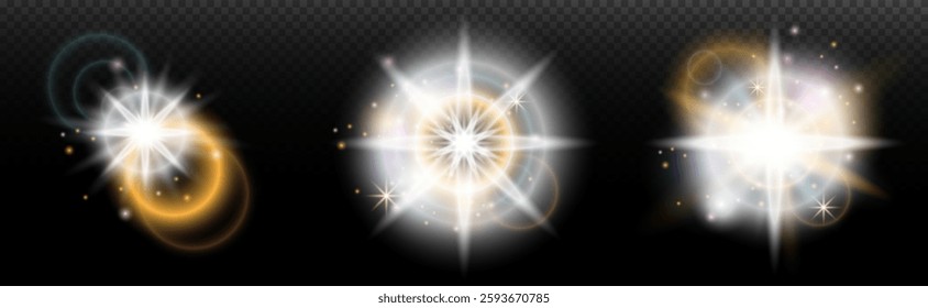 Set of flash light effect with glare and glow on a transparent background. Magic, rainbow glow, shining light, stars, optical flares for design, photomontage, New Year and holiday projects.