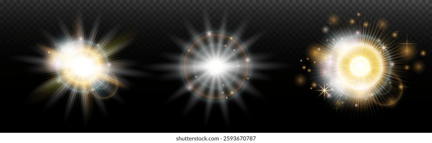 Set of flash light effect with glare and glow on a transparent background. Magic, rainbow glow, shining light, stars, optical flares for design, photomontage, New Year and holiday projects.