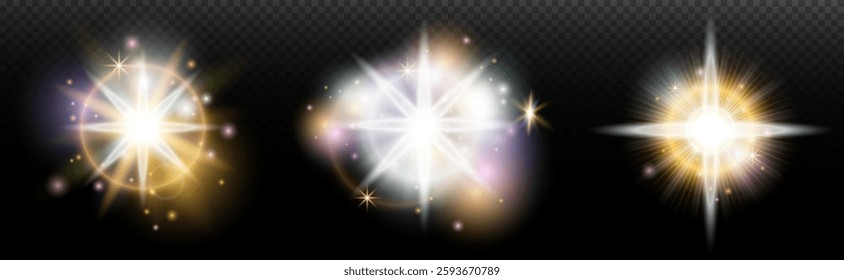 Set of flash light effect with glare and glow on a transparent background. Magic, rainbow glow, shining light, stars, optical flares for design, photomontage, New Year and holiday projects.