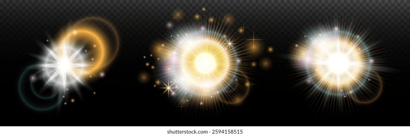 Set of flash light effect with glare and glow on a transparent background. Magic, rainbow glow, shining light, stars, optical flares for design, photomontage, New Year and holiday projects.