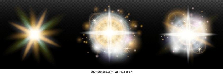 Set of flash light effect with glare and glow on a transparent background. Magic, rainbow glow, shining light, stars, optical flares for design, photomontage, New Year and holiday projects.