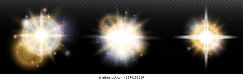 Set of flash light effect with glare and glow on a transparent background. Magic, rainbow glow, shining light, stars, optical flares for design, photomontage, New Year and holiday projects.