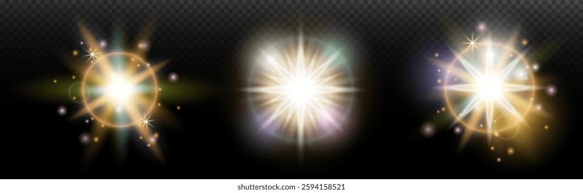 Set of flash light effect with glare and glow on a transparent background. Magic, rainbow glow, shining light, stars, optical flares for design, photomontage, New Year and holiday projects.