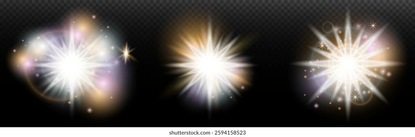 Set of flash light effect with glare and glow on a transparent background. Magic, rainbow glow, shining light, stars, optical flares for design, photomontage, New Year and holiday projects.