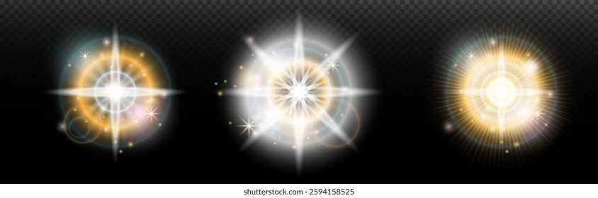 Set of flash light effect with glare and glow on a transparent background. Magic, rainbow glow, shining light, stars, optical flares for design, photomontage, New Year and holiday projects.