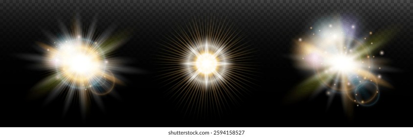 Set of flash light effect with glare and glow on a transparent background. Magic, rainbow glow, shining light, stars, optical flares for design, photomontage, New Year and holiday projects.