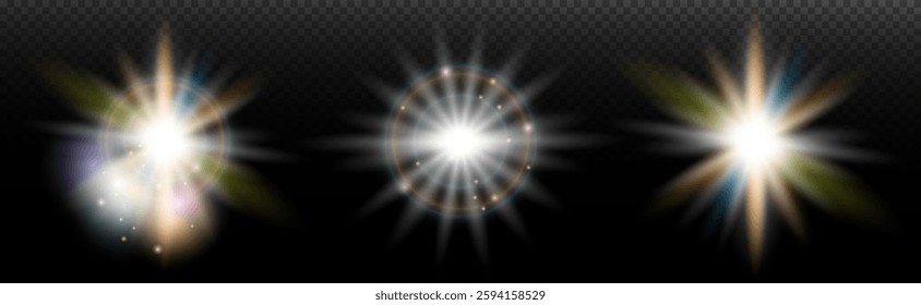 Set of flash light effect with glare and glow on a transparent background. Magic, rainbow glow, shining light, stars, optical flares for design, photomontage, New Year and holiday projects.