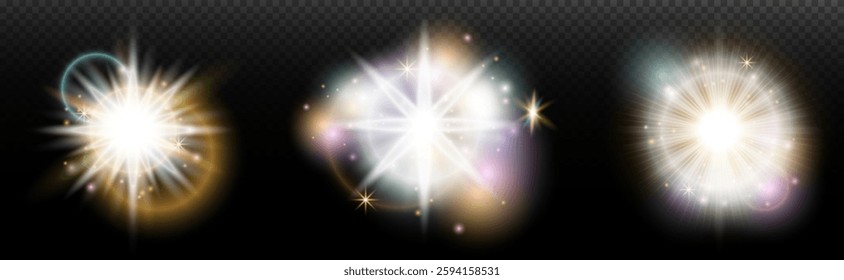 Set of flash light effect with glare and glow on a transparent background. Magic, rainbow glow, shining light, stars, optical flares for design, photomontage, New Year and holiday projects.