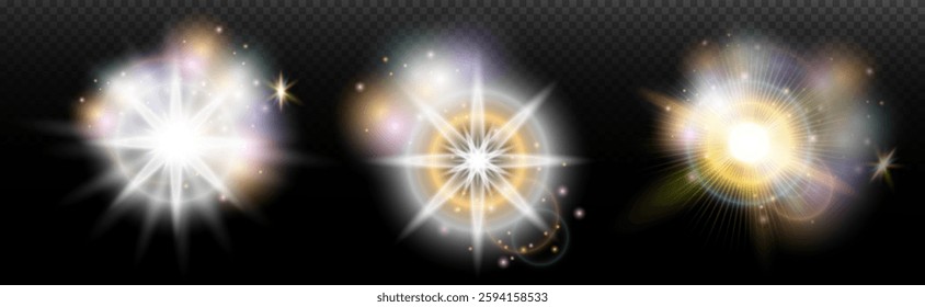 Set of flash light effect with glare and glow on a transparent background. Magic, rainbow glow, shining light, stars, optical flares for design, photomontage, New Year and holiday projects.