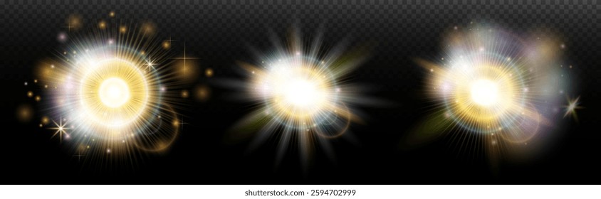 Set of flash light effect with glare and glow on a transparent background. Magic, rainbow glow, shining light, stars, optical flares for design, photomontage, New Year and holiday projects.