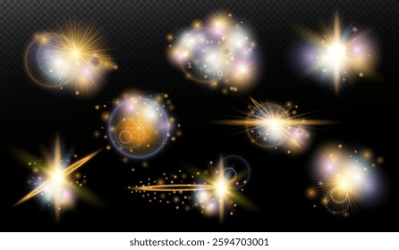 Set of flash light effect with glare and glow on a transparent background. Magic, rainbow glow, shining light, stars, optical flares for design, photomontage, New Year and holiday projects.