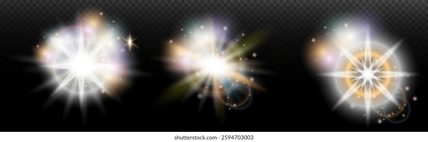 Set of flash light effect with glare and glow on a transparent background. Magic, rainbow glow, shining light, stars, optical flares for design, photomontage, New Year and holiday projects.