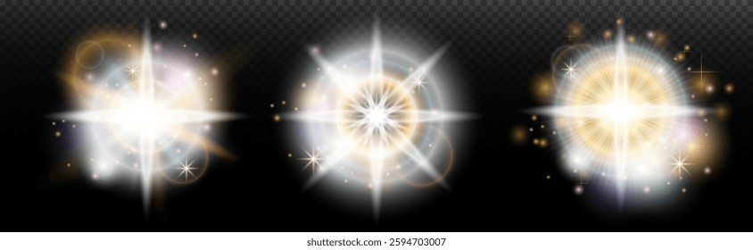 Set of flash light effect with glare and glow on a transparent background. Magic, rainbow glow, shining light, stars, optical flares for design, photomontage, New Year and holiday projects.