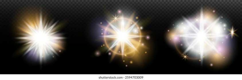 Set of flash light effect with glare and glow on a transparent background. Magic, rainbow glow, shining light, stars, optical flares for design, photomontage, New Year and holiday projects.