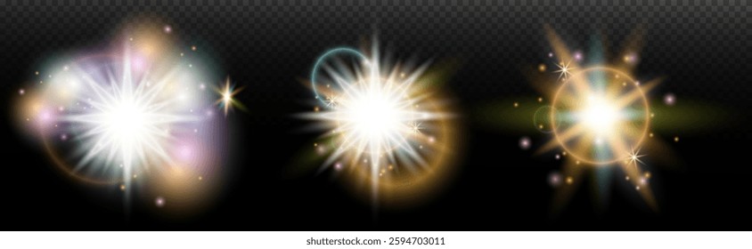 Set of flash light effect with glare and glow on a transparent background. Magic, rainbow glow, shining light, stars, optical flares for design, photomontage, New Year and holiday projects.