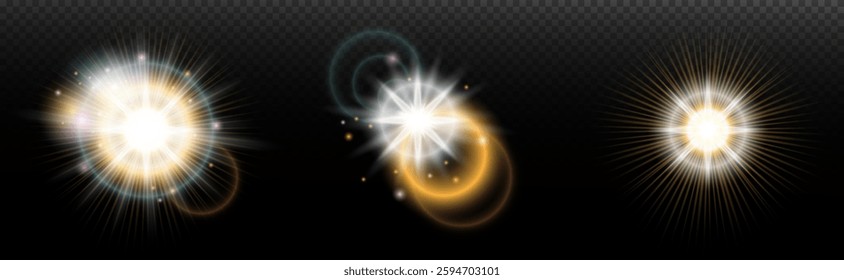 Set of flash light effect with glare and glow on a transparent background. Magic, rainbow glow, shining light, stars, optical flares for design, photomontage, New Year and holiday projects.