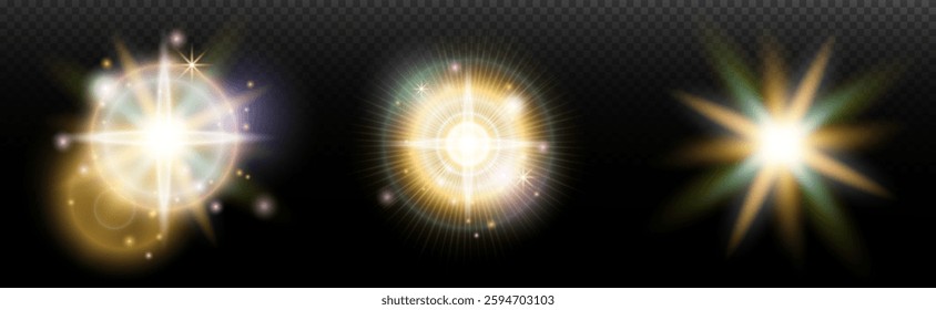 Set of flash light effect with glare and glow on a transparent background. Magic, rainbow glow, shining light, stars, optical flares for design, photomontage, New Year and holiday projects.